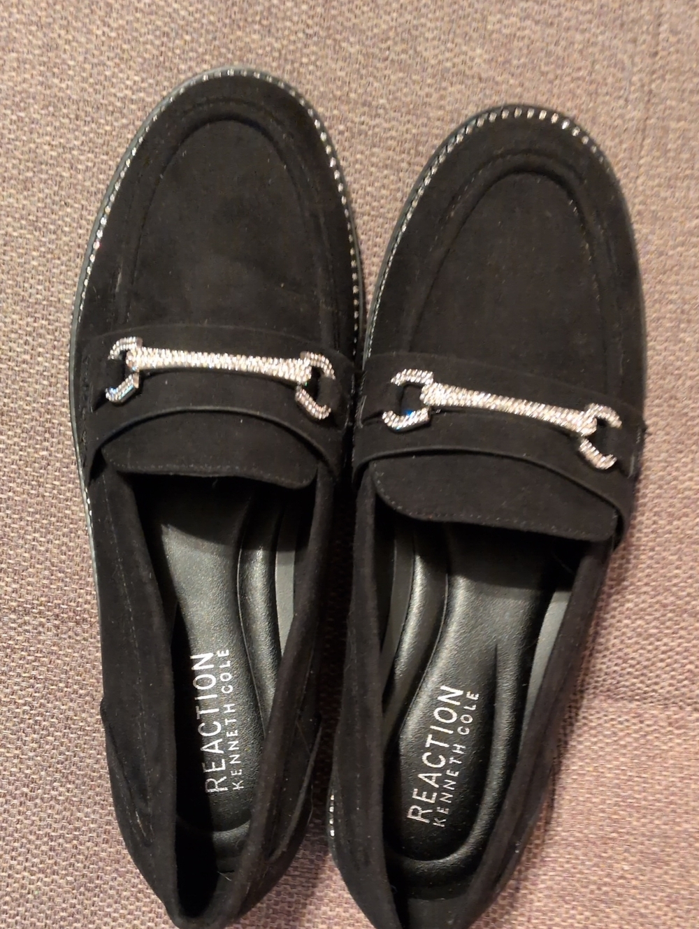 Reaction Kenneth Cole Black Suede Loafers with Silver Chain Detail